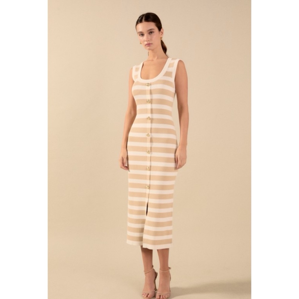 1171 • Sand & Ivory Striped Rib Knit Sleeveless Dress w/Gold Buttons - Picture 2 of 6
